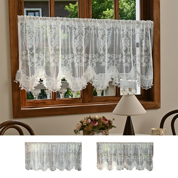 Leodye White Lace Arched Sheer Curtain Floral Embroidered Swag Curtain Valance Tier for Doorway Kitchen Bathroom Window, Rod Pocket Top 1 Panel
