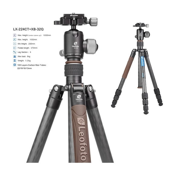 Leofoto LX-224CT/XB-32Q Reversible Travel Tripod w/ Ball Head Set, Black