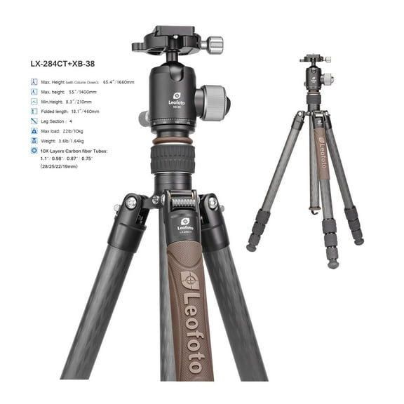 Leofoto LX-284CT/XB-38 Reversible Travel Tripod w/ Ball Head Set, Black