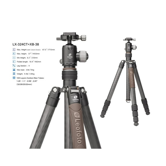 Leofoto LX-324CT/XB-38 Reversible Travel Tripod w/ Ball Head, Black