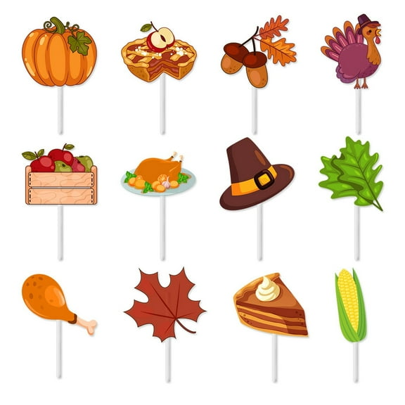 Leojiow 12 Thanksgiving Cupcake Toppers Pumpkin Maple Toppers Fall Themed Turkey Cake Picks Autumn Cake Toppers Thanksgiving Cupcake Toppers Brown One Size
