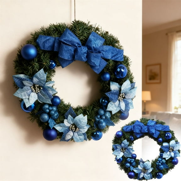 Leojiow 40 Inch Wreath Greenery For Front Door Indoor Outdoor Window Mantel Holiday 40X40Cm Blue