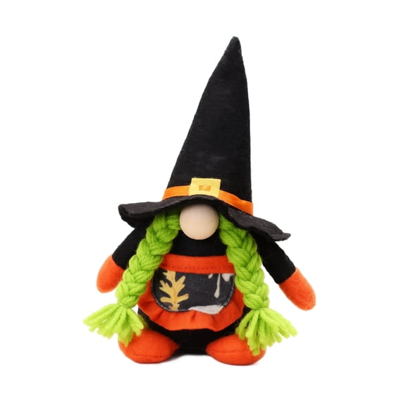 Leomeo Halloween Gnome Plush Doll, Witch with Green Braids Design, Faceless Figurine for Spooky Tabletop Decor