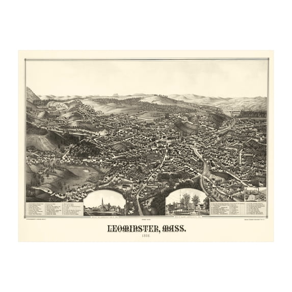 Leominster Art, 1886 Vintage Map of Leominster Massachusetts, MA History Wall Decor Gift, Old Leominster Map - 24" x 18" Unframed Print