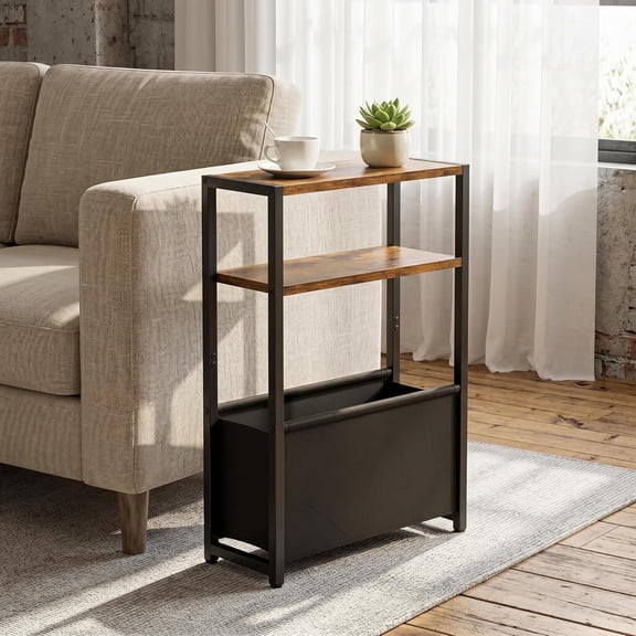 Leomonio Narrow Side Table, Slim End Tables with Fabric Basket, Skinny Table for Small Spaces, Thin Bedside Table for Living Room, Bedroom
