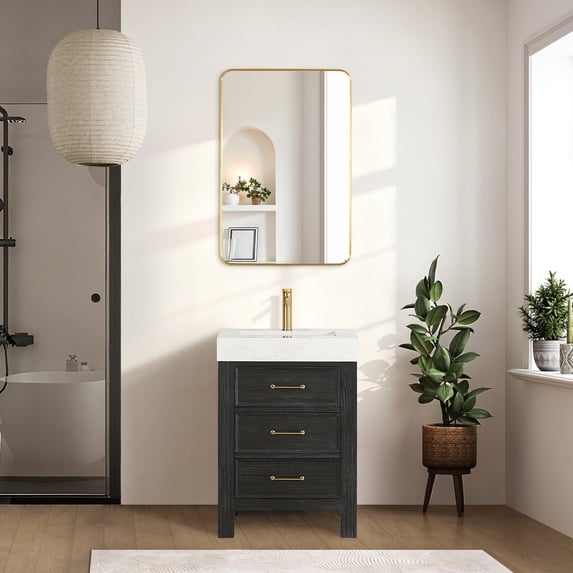 Leon 24" Single Bathroom Vanity in Fir Wood Black w/Lightning White Composite