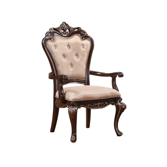 Benjara Leon 25" Set of 2 Tufted Dining Armchair- Cherry Brown Wood- Beige Seat