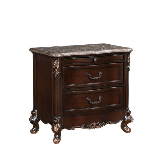 Leon 32 " 2 Drawer Nightstand Carved Details Marble Surface Brown