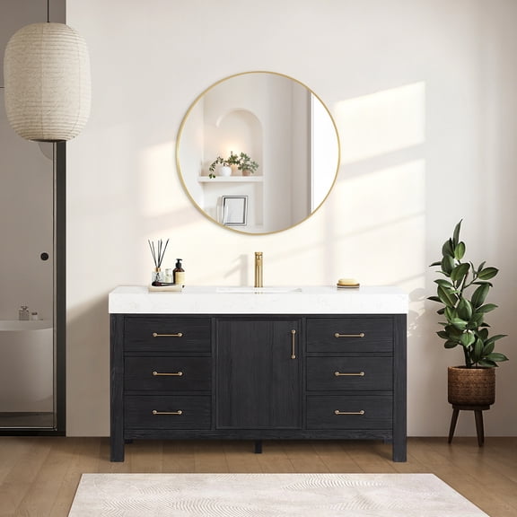 Leon 60" Single Bathroom Vanity in Fir Wood Black w/Lightning White Composite