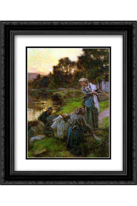 Leon Augustin L'Hermitte 2x Matted 20x24 Black Ornate Framed Art Print 'Laveuses le soir'