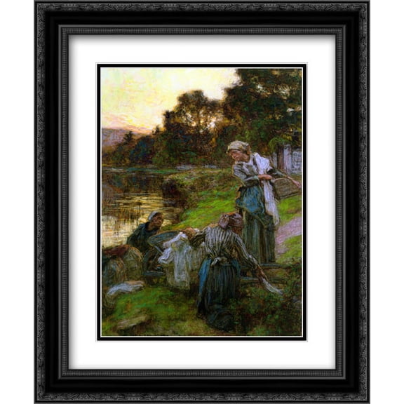 Leon Augustin L'Hermitte 2x Matted 20x24 Black Ornate Framed Art Print 'Laveuses le soir'