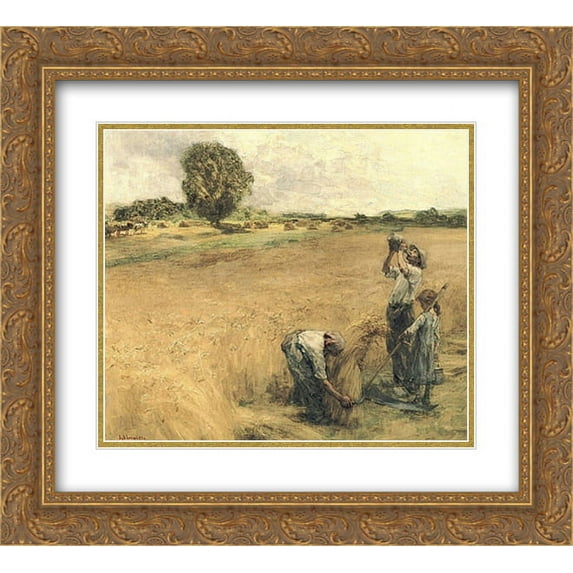 Leon Augustin L'Hermitte 2x Matted 22x20 Gold Ornate Framed Art Print 'Moissonneur buvant a la gourde ou la Soif'