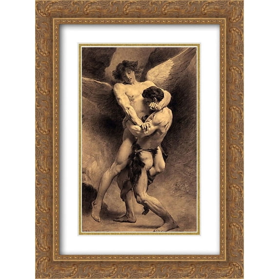 Leon Bonnat 2x Matted 20x24 Gold Ornate Framed Art Print 'Jacob Wrestling the Angel'