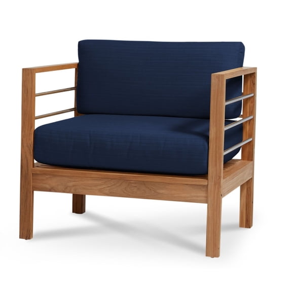 Leon Teak Outdoor Club Chair with Navy Fabric Cushion