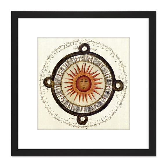 Leon Y Gama Aztec Sun Solar Calendar Diagram 8X8 Inch Square Wooden Framed Wall Art Print Picture with Mount