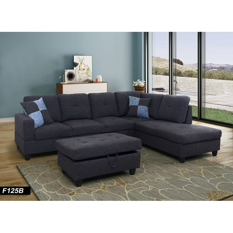 Leona Right Facing Sectional Sofa with Ottoman Dark Grey