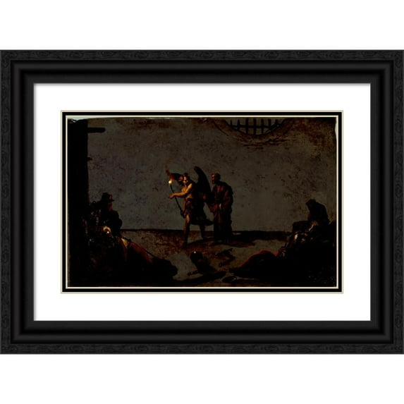 Leonaert Bramer 14x11 Black Ornate Wood Framed Double Matted Museum Art Print Titled: The Liberation of Saint Peter (circa 1625)