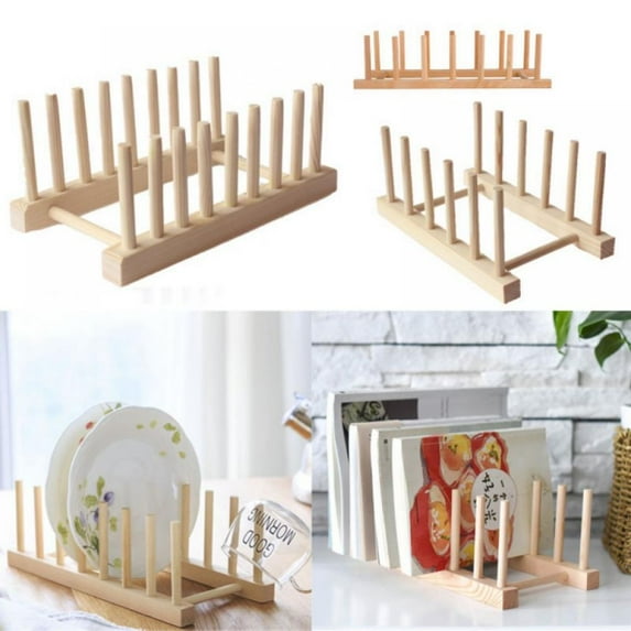 Leonard Bamboo Wooden Dish Rack, Plate Rack Stand Pot Lid Holder, Kitchen Cabinet Organizer for Cup, Cutting Board, Bowl, Drying Rack and More