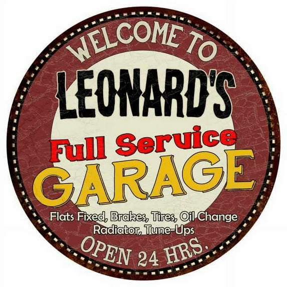 Leonard's Full Service Garage 14" Round Metal Sign Man Cave Decor 100140037416