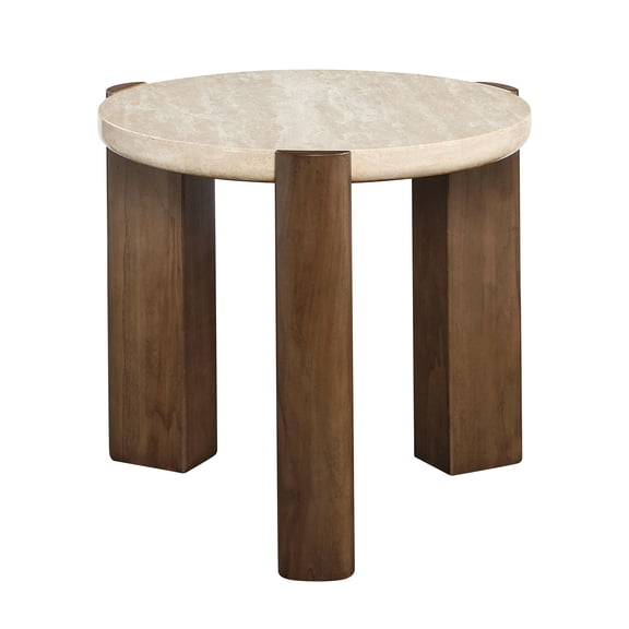 Leonardo Cream Travertine and Dark Oak Contemporary End Table with Sturdy Base