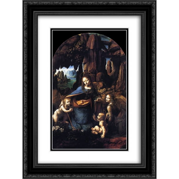 Leonardo Da Vinci 2x Matted 18x24 Black Ornate Framed Art Print 'Virgin of the Rocks'
