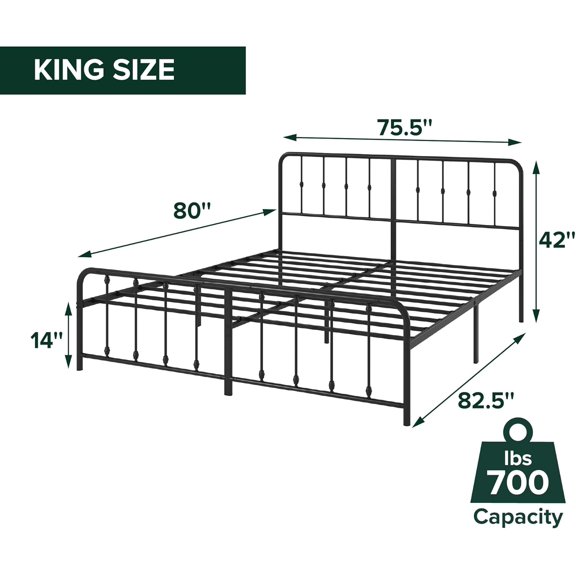 Leonardo Metal Platform Bed Frame Size with Victorian Spindle Headboard and Footboard, Heavy Duty Steel Base for Underbed Storage