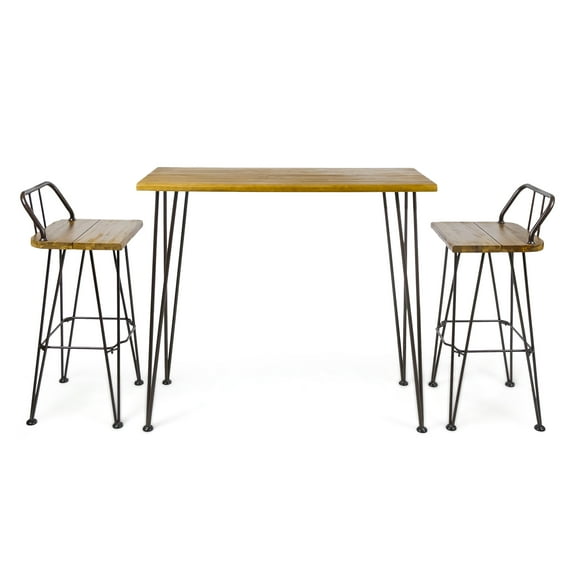 Leonardo Outdoor Industrial Acacia Wood Bar Set with Iron Frame, Teak and Rustic Metal