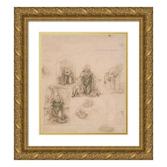 Leonardo da Vinci 12x14 Gold Ornate Wood Frame and Double Matted Museum Art Print Titled - Compositional Sketches for the Virgin Adoring the Christ Child, with and Without the Infant St. Joh