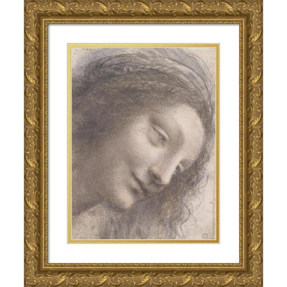 Leonardo da Vinci 12x14 Gold Ornate Wood Frame and Double Matted Museum Art Print Titled - The Head of the Virgin in Three-Quarter View Facing Right (1510-13)
