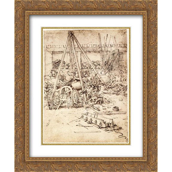 Leonardo da Vinci 2x Matted 20x24 Gold Ornate Framed Art Print 'Cannon foundry'