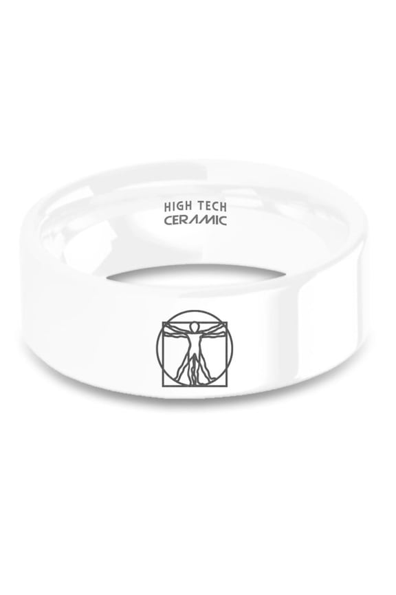 Leonardo da Vinci Vitruvian Man Laser Engraved White Ceramic Ring, 8mm, Size 10