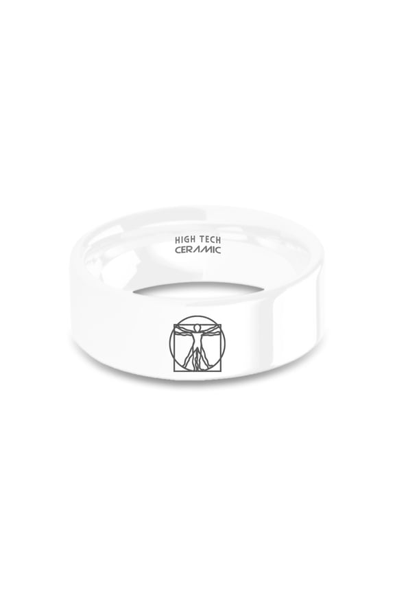 Leonardo da Vinci Vitruvian Man Laser Engraved White Ceramic Ring, 8mm, Size 15