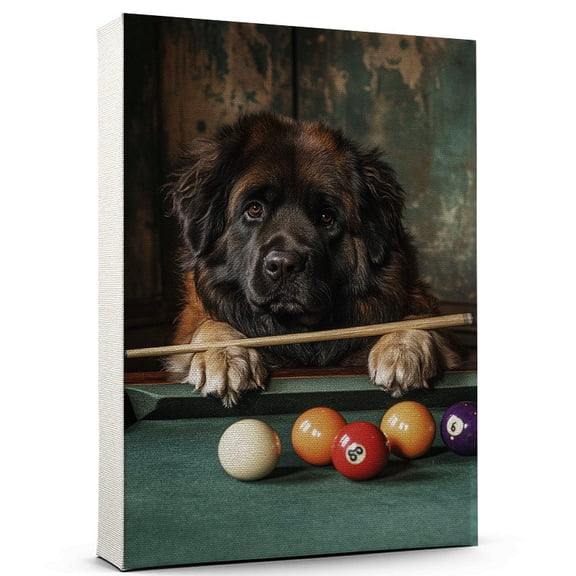 Leonberger Cute Dog Billiards Canvas Canvas Retro Leonberger Dog Batter in Action With Billiards for Themed Living Room, Pet Shop Decor