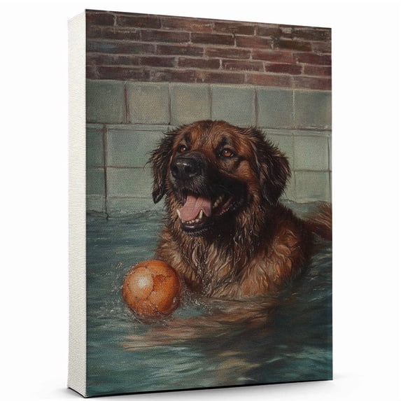 Leonberger Dog Playing Swimming Wall Stretched Canvas Size 8x12 – Leonberger Canvas Art for Dog Lovers, Swimming Canvas Wall Decor