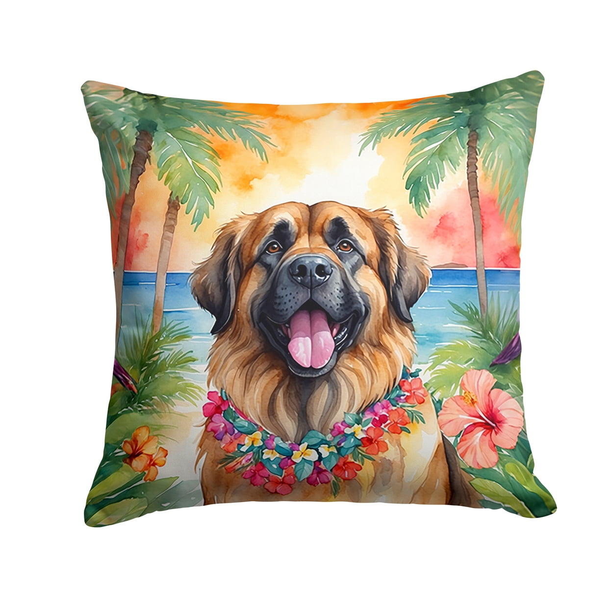 Leonberger Luau Throw Pillow 18 in x 18 in