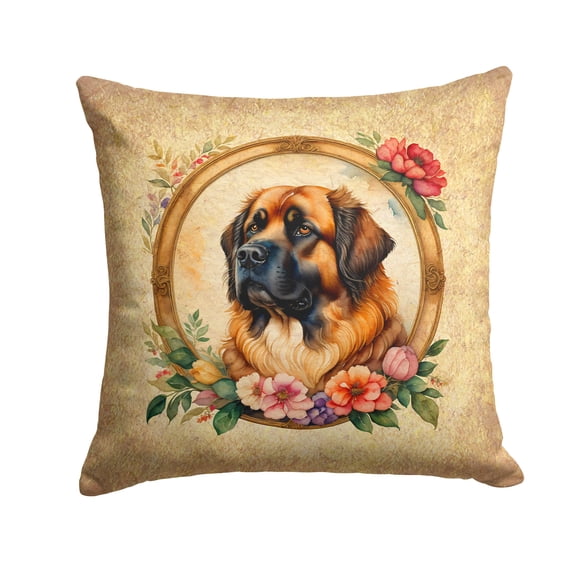 Leonberger and Flowers Fabric Decorative Pillow 14 in x 14 in