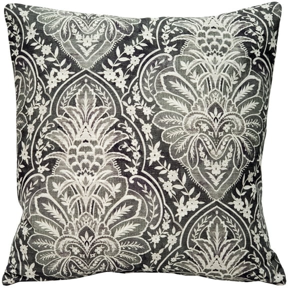 Leone Damask Dark Gray Throw Pillow 21x21 Inch Square Cotton with Polyfill Insert
