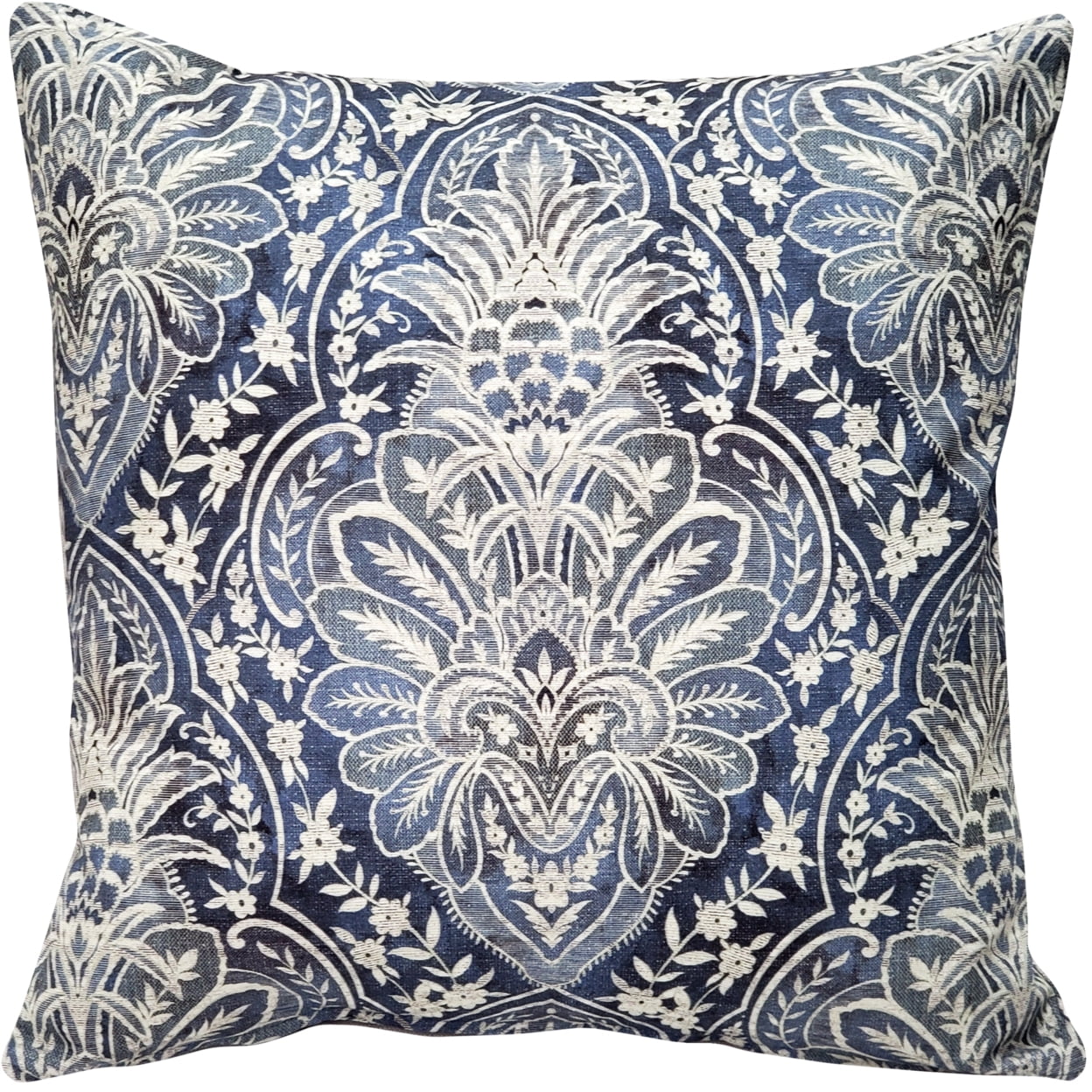 Leone Damask Denim Blue Cotton Square Throw Pillow 21x21