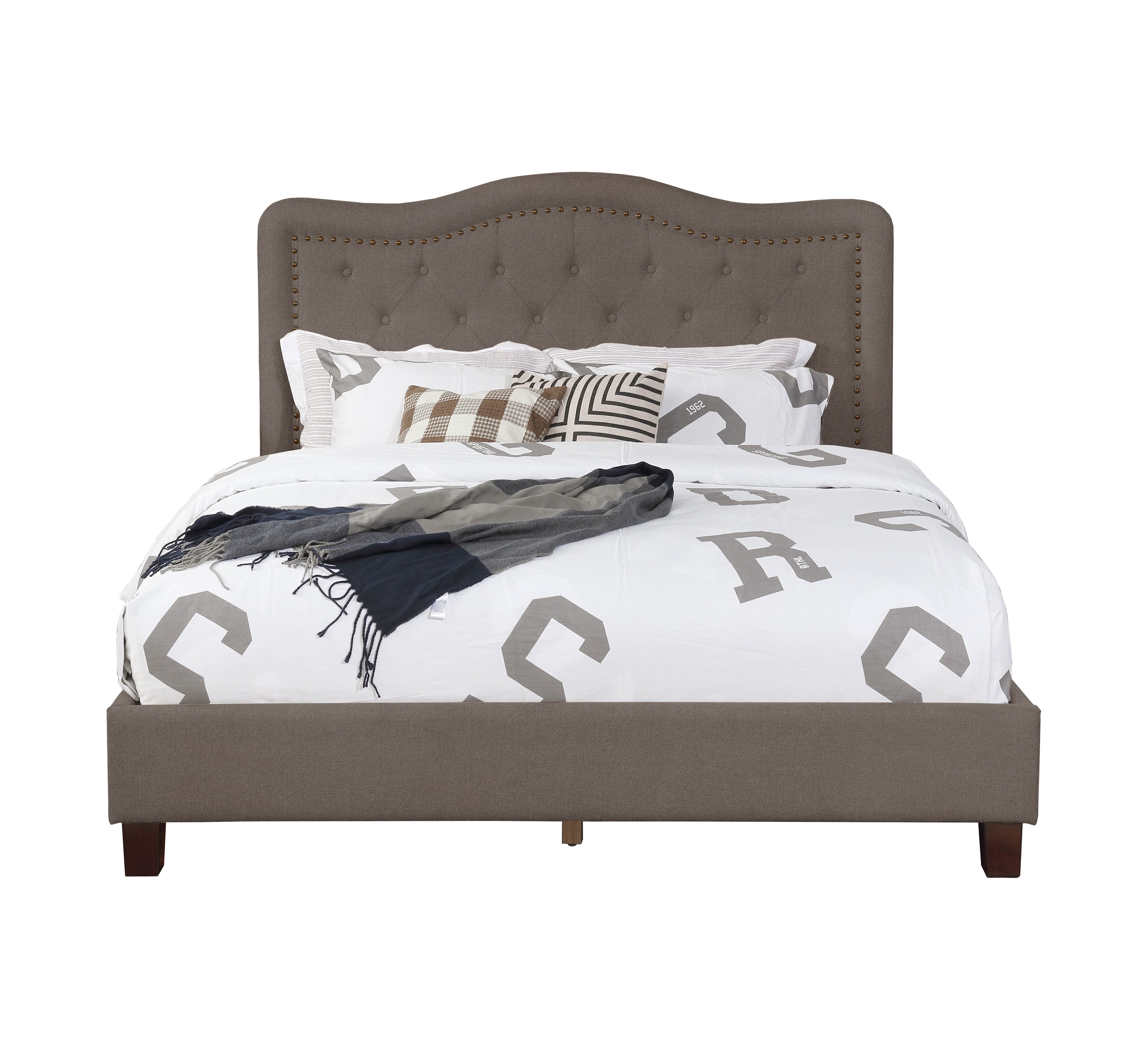 Brown Queen Upholstered Platform Bed with Tufted Headboard and Nailhead Trim