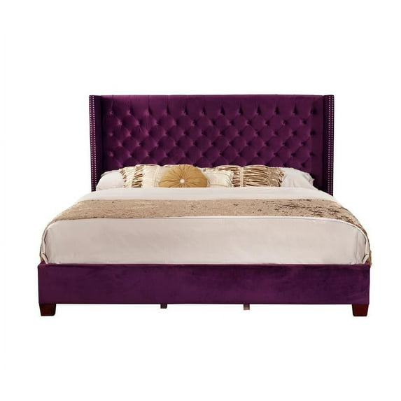 Leonel Signature Queen Velvet Upholstered Button Tufted Wingback Bed Set, Purple
