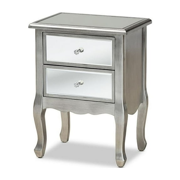 Leonie Modern Transitional French Brushed Wood and Mirrored Glass 2-Drawer Nightstand