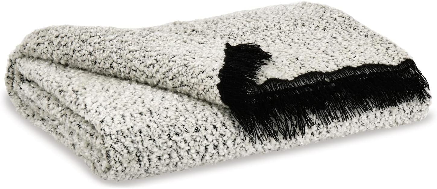 Black and White Chenille Blend Throw with Fringe Details