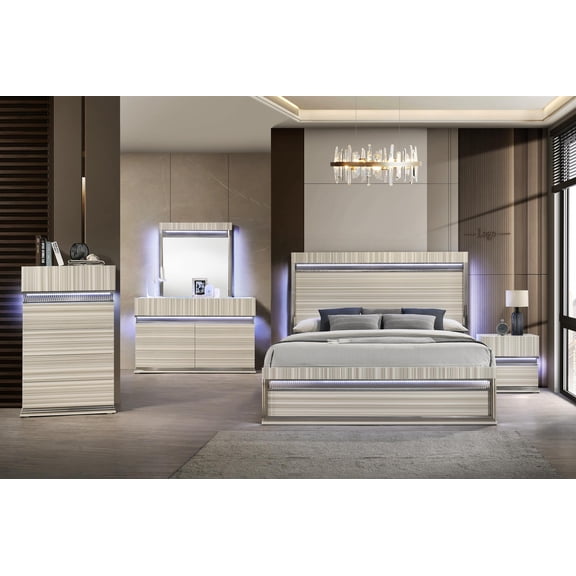 Leonor Modern Style King 5Pc Wood LED Bedroom Set in Gray