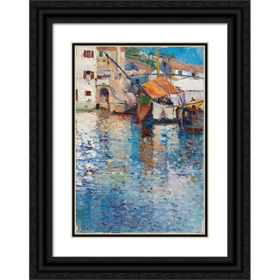 Leontine von Littrow 11x14 Black Ornate Wood Framed Double Matted Museum Art Print Titled: A Sunny Day in the Old Harbour