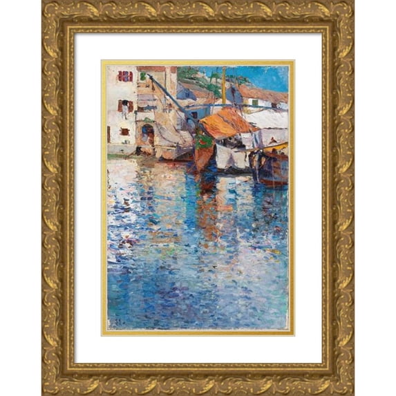 Leontine von Littrow 14x18 Gold Ornate Wood Frame and Double Matted Museum Art Print Titled - A Sunny Day in the Old Harbour