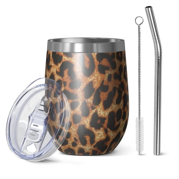 Leopard 12oz Insulated Wine Tumbler with Lid and Straw – Double Wall Vacuum Mug Stainless Steel 304 Interior for Hot & Cold Drinks Coffee, Wine, Cocktails