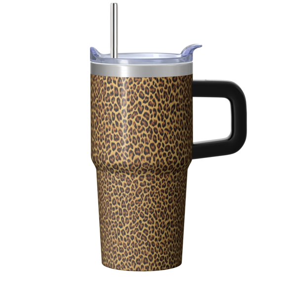 Leopard 20oz Stainless Steel Tumbler with Handle and Straw – Insulated Travel Cup with Sliding Lid, 360° Full Wrap Printed Mug for Home, Outdoor & Sports Use