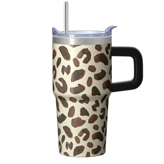 Leopard 20oz Stainless Steel Tumbler with Handle and Straw – Insulated Travel Cup with Sliding Lid, 360° Full Wrap Printed Mug for Home, Outdoor & Sports Use