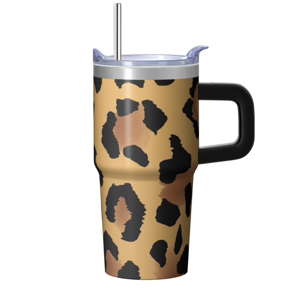 Leopard 20oz Stainless Steel Tumbler with Handle and Straw – Insulated Travel Cup with Sliding Lid, 360° Full Wrap Printed Mug for Home, Outdoor & Sports Use