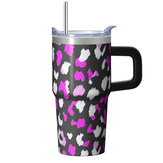 Leopard 20oz Stainless Steel Tumbler with Handle and Straw – Insulated Travel Cup with Sliding Lid, 360° Full Wrap Printed Mug for Home, Outdoor & Sports Use
